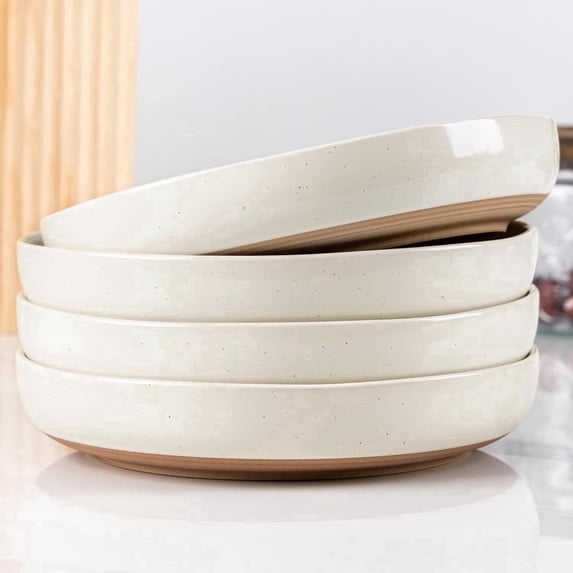 AmorArc 8.75'' Large Ceramic Pasta Bowls, 36oz Handpainted Stoneware Bowls Set of 4, Microwave&Dishwasher Safe Bowls with Rustic Terracotta Underside for Pasta Salad, Light Beige
