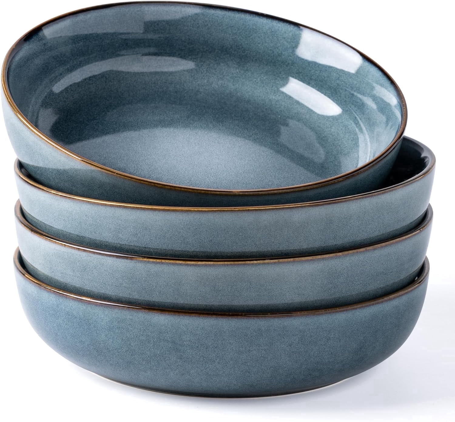 AmorArc 8.75'' Large Ceramic Pasta Bowls, 38oz Stoneware Pasta Serving Bowls Set of 4 for Kitchen, Wide Bowls for Fruit,Pasta,Salad,Oatmeal,Meal, Microwave Safe, Reactive Glaze-Space Blue