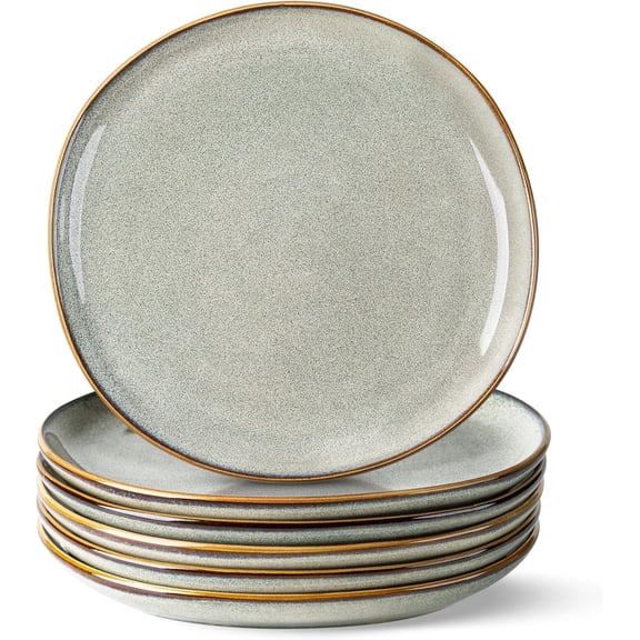AmorArc Ceramic Dinner Plates Set of 6,10.5 Inch Handmade Reactive Glaze Stoneware Plates, Rustic Shape Dinnerware Dish Set for Kitchen, Microwave & Dishwasher Safe, Scratch Resistant-Green Wheat