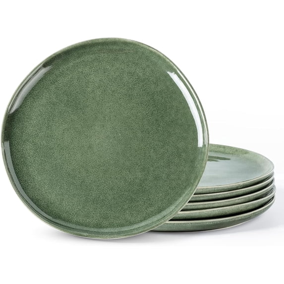 AmorArc Ceramic Dinner Plates Set of 6,10.5 Inch Handmade Reactive Glaze Stoneware Plates, Rustic Shape Dinnerware Dish Set for Kitchen, Microwave & Dishwasher Safe, Scratch Resistant-Gade Green