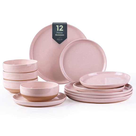AmorArc Ceramic Dinnerware Sets for 4, 12 Pieces Handpainted Plates and Bowls Set with Rustic Terracotta Underside, Scratch Resistant Stoneware Dishes Set, Dishwasher & Microwave Safe, Cloud Pink