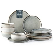 AmorArc Ceramic Dinnerware Sets for 4, 12 Pieces Stoneware Plates and Bowls Sets, Reactive Glaze Dishes -Scratch Resistant, Dishwasher&Microwave Safe, Green Wheat