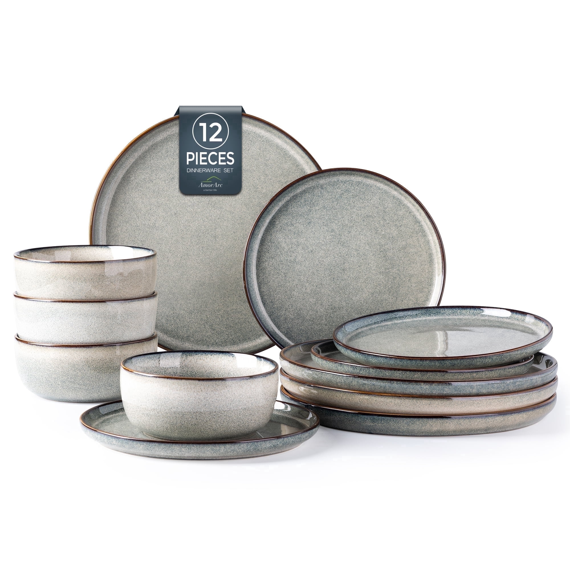 AmorArc Ceramic Dinnerware Sets for 4, 12 Pieces Stoneware Plates and Bowls Sets, Reactive Glaze Dishes -Scratch Resistant, Dishwasher&Microwave Safe, Green Wheat (Service for 4)
