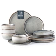AmorArc Ceramic Dinnerware Sets for 4, 12 Pieces Stoneware Plates and Bowls Sets, Reactive Glaze Dishes -Scratch Resistant, Dishwasher&Microwave Safe, Green Whe