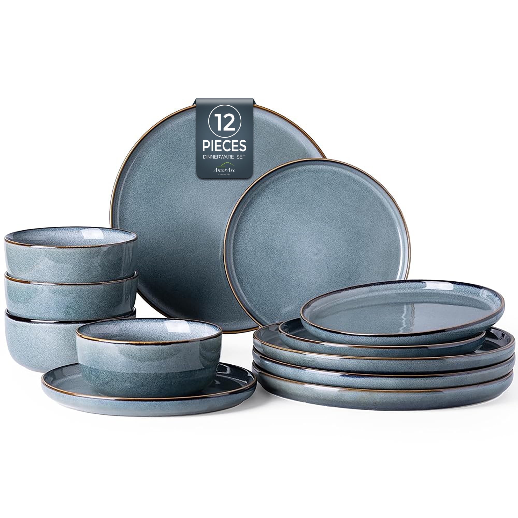 AmorArc Ceramic Dinnerware Sets for 4, 12 Pieces Stoneware Plates and Bowls Sets, Reactive Glaze Dishes -Scratch Resistant, Dishwasher&Microwave Safe, Space Blue (Service for 4)