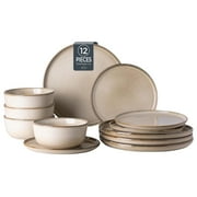 AmorArc Ceramic Dinnerware Sets for 4, 12 Pieces Stoneware Plates and Bowls Sets, Scratch Resistant Dishes, Dishwasher & Microwave Safe, Reactive Glaze-Cappuccino (Service for 4)