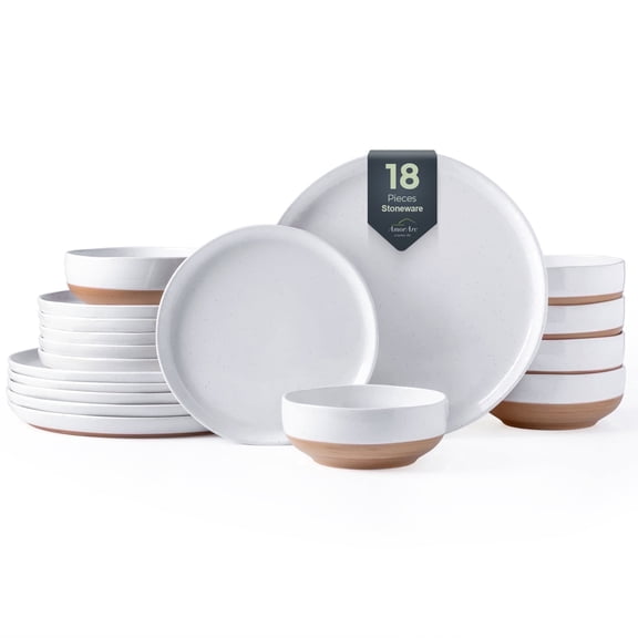 AmorArc Ceramic Dinnerware Sets for 6, 18 Pieces Handpainted Plates and Bowls Set with Rustic Terracotta Underside, Scratch Resistant Stoneware Dishes Set, Dishwasher & Microwave Safe, White