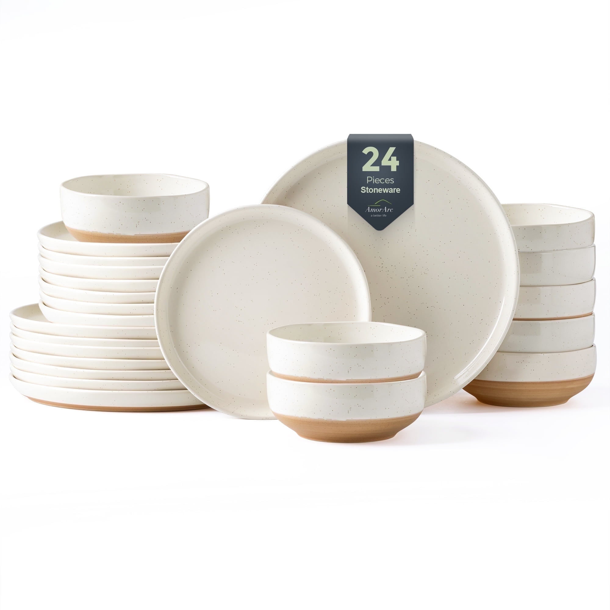 AmorArc Ceramic Dinnerware Sets for 8, 24 Pieces Handpainted Plates and Bowls Set with Rustic Terracotta Underside, Scratch Resistant Stoneware Dishes Set, Dishwasher & Microwave Safe,Light Beige