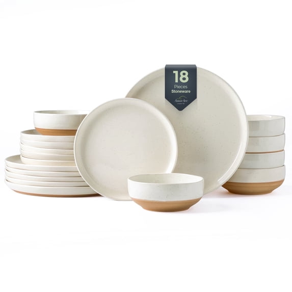 AmorArc Ceramic Dinnerware Sets for 6, 18 Pieces Handpainted Plates and Bowls Set with Rustic Terracotta Underside, Scratch Resistant Stoneware Dishes Set, Dishwasher & Microwave Safe,Light Beige
