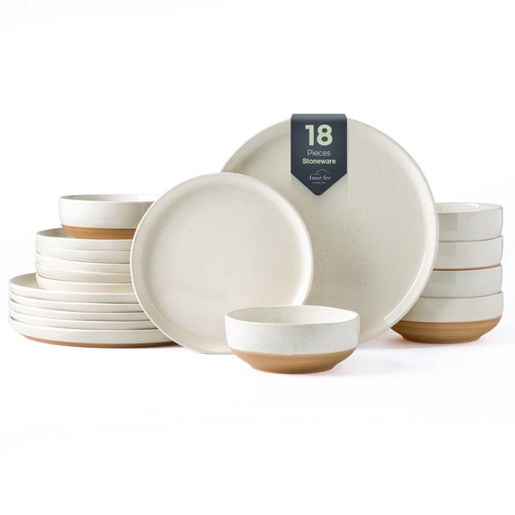 AmorArc Ceramic Dinnerware Sets for 6, 18 Pieces Handpainted Plates and Bowls Set with Rustic Terracotta Underside, Scratch Resistant Stoneware Dishes Set, Dishwasher & Microwave Safe,Light Beige