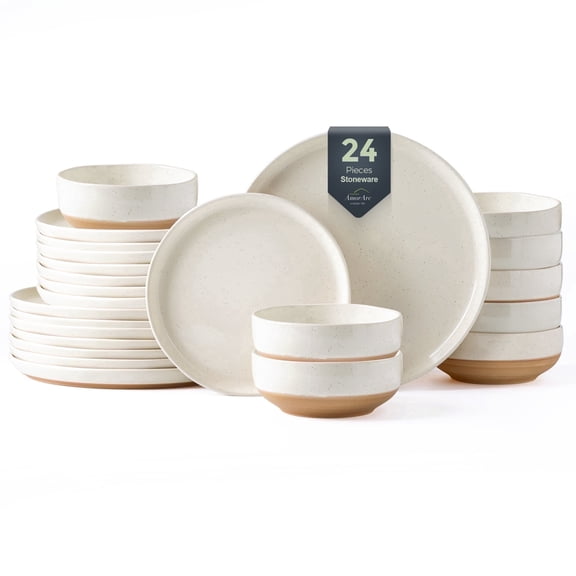 AmorArc Ceramic Dinnerware Sets for 8, 24 Pieces Handpainted Plates and Bowls Set with Rustic Terracotta Underside, Scratch Resistant Stoneware Dishes Set, Dishwasher & Microwave Safe,Light Beige