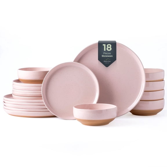 AmorArc Ceramic Dinnerware Sets for 6, 18 Pieces Handpainted Plates and Bowls Set with Rustic Terracotta Underside, Scratch Resistant Stoneware Dishes Set, Dishwasher & Microwave Safe, Cloud Pink