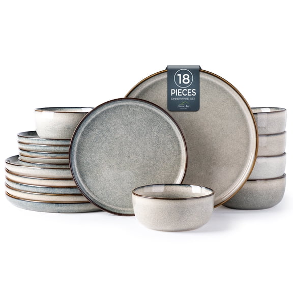 AmorArc Ceramic Dinnerware Sets for 6, 18 Pieces Stoneware Plates and Bowls Sets, Reactive Glaze Dishes -Scratch Resistant, Dishwasher&Microwave Safe, Green Wheat (Service for 6)
