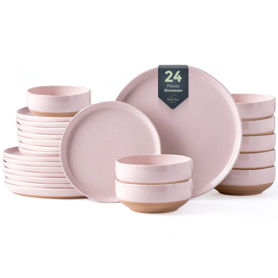 AmorArc Ceramic Dinnerware Sets for 8, 24 Pieces Handpainted Speckled Plates and Bowls Set with Rustic Terracotta Underside, Scratch Resistant Stoneware Dishes Set, Dishwasher & Microwave Safe, Pink
