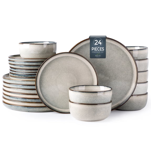 AmorArc Ceramic Dinnerware Sets for 8, 24 Pieces Stoneware Plates and Bowls Sets, Reactive Glaze Dishes -Scratch Resistant, Dishwasher&Microwave Safe, Green Wheat (Service for 8)