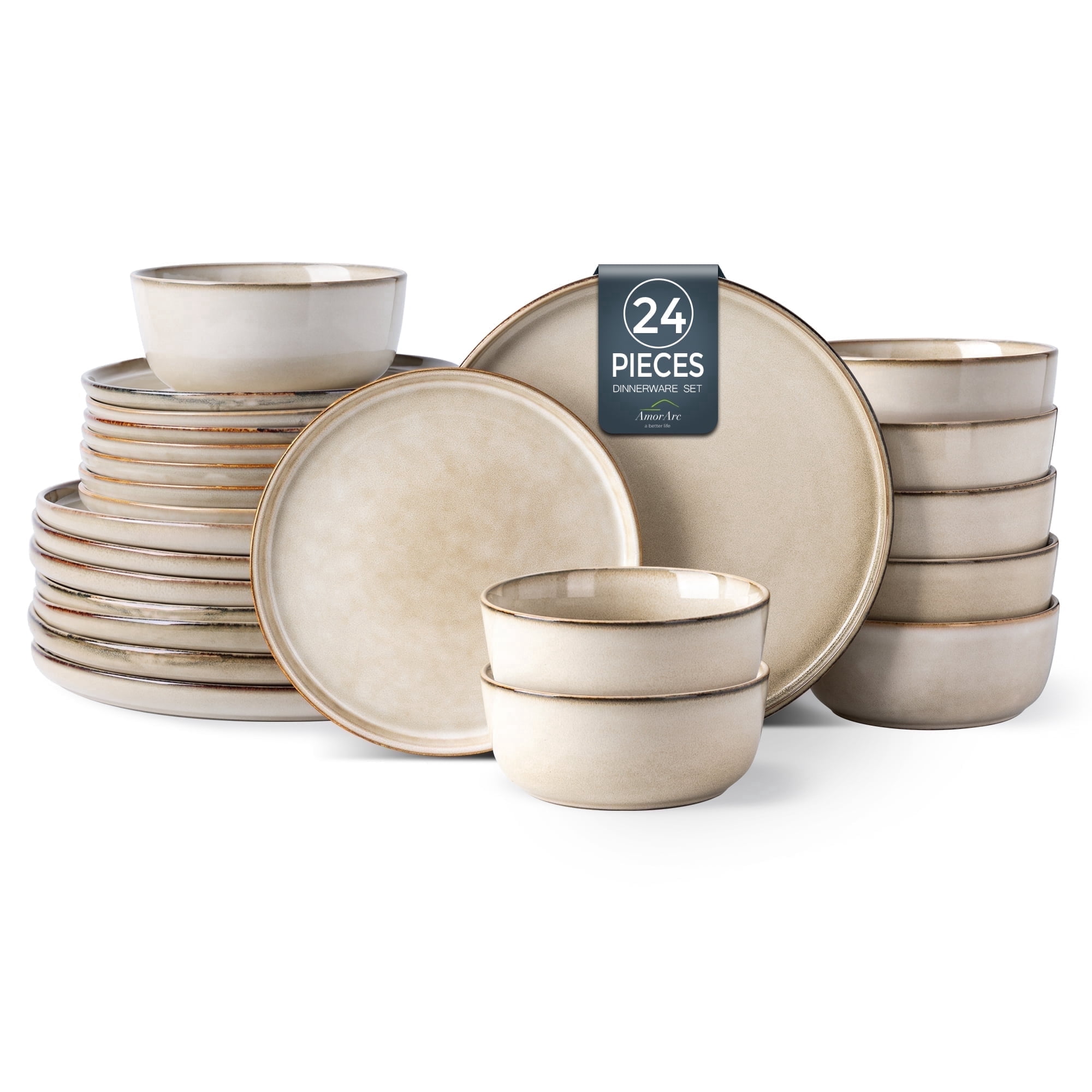 AmorArc Ceramic Dinnerware Sets for 8, 24 Pieces Stoneware Plates and Bowls Sets, Scratch Resistant Dishes, Dishwasher & Microwave Safe, Reactive Glaze-Cappuccino (Service for 8)