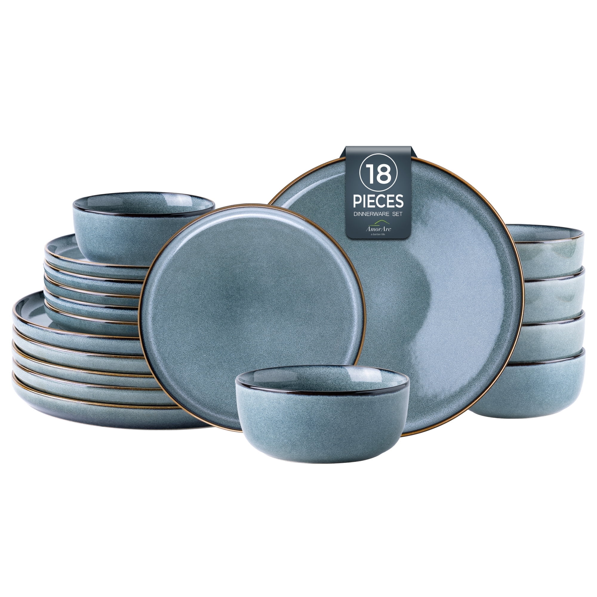 AmorArc Ceramic Dinnerware Sets for 6, 18 Pieces Stoneware Plates and Bowls Sets, Scratch Resistant Dishes, Dishwasher & Microwave Safe, Space Blue (Service for 6)