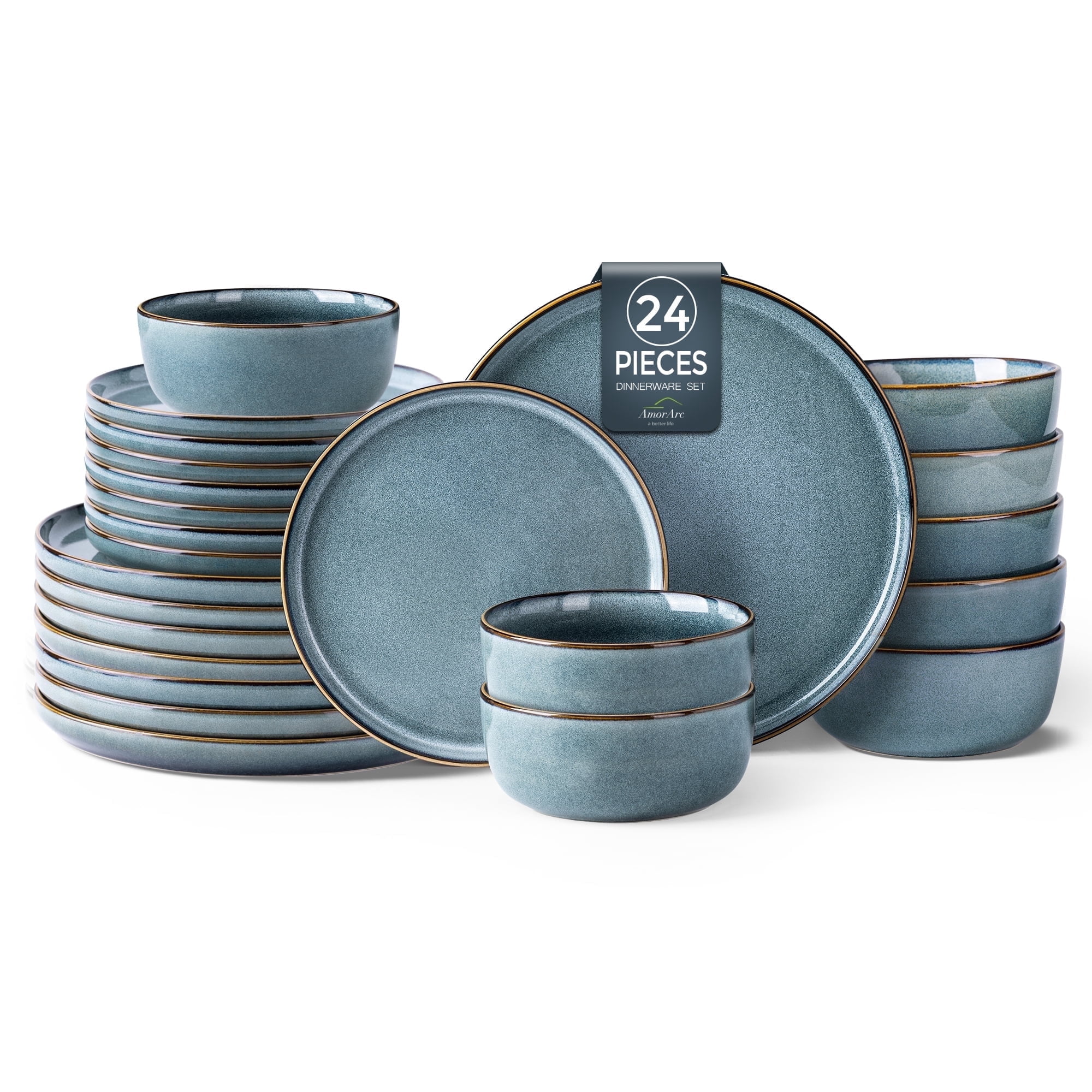 AmorArc Ceramic Dinnerware Sets for 8, 24 Pieces Stoneware Plates and Bowls Sets, Scratch Resistant Dishes, Dishwasher & Microwave Safe, Space Blue (Service for 8)