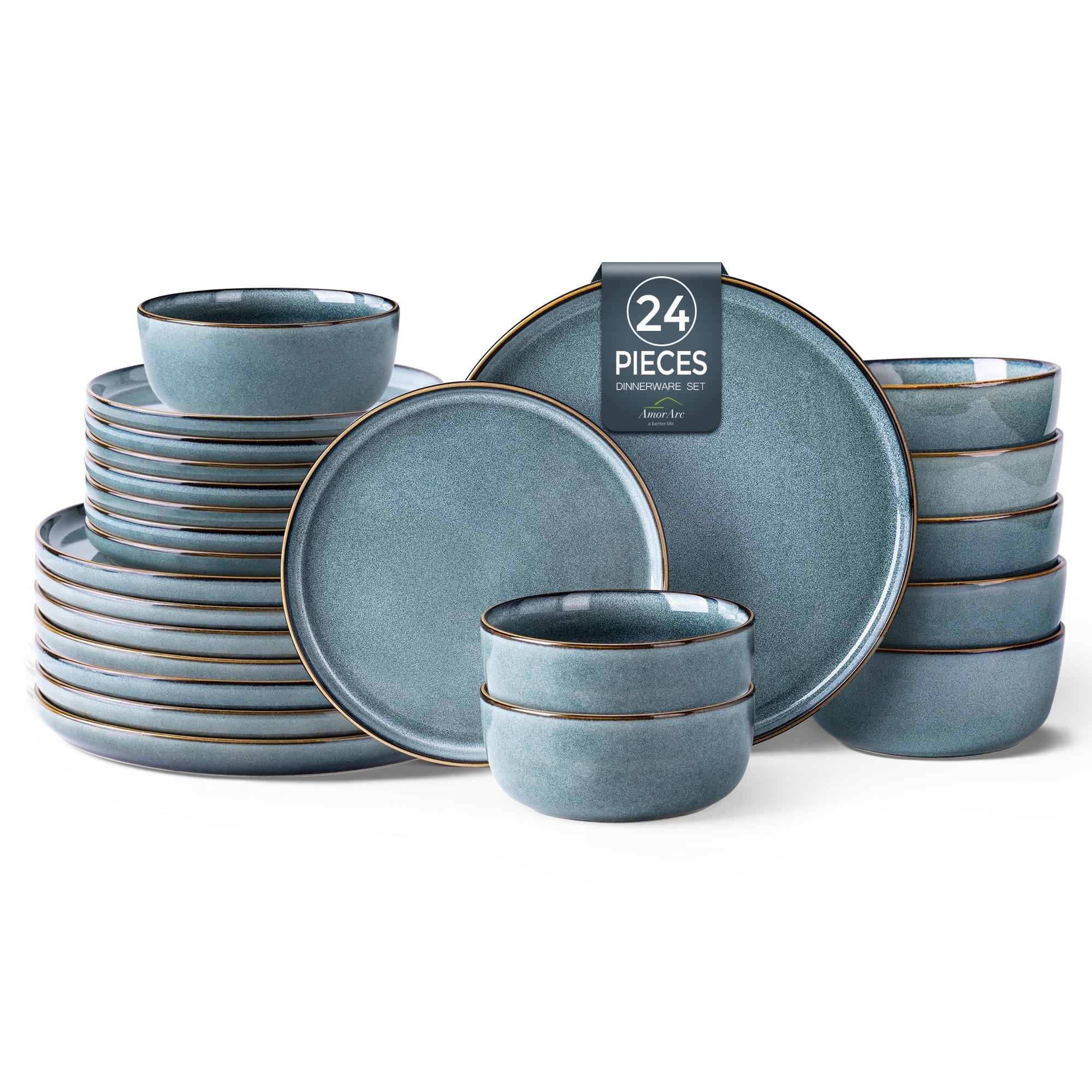 AmorArc Ceramic Dinnerware Sets for 8, 24 Pieces Stoneware Plates and Bowls Sets, Scratch Resistant Dishes, Dishwasher & Microwave Safe, Space Blue (Service for 8)