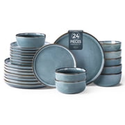 AmorArc Ceramic Dinnerware Sets for 8, 24 Pieces Stoneware Plates and Bowls Sets, Scratch Resistant Dishes, Dishwasher & Microwave Safe, Space Blue (Service for
