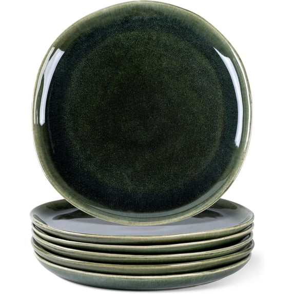 AmorArc Ceramic Plates Set of 6, 8.5 Inch Handmade Reactive Glaze Stoneware Plates set for Dessert, Salad, Appetizer, Dinner, Microwave & Dishwasher Safe, Scratch Resistant-Earth Green