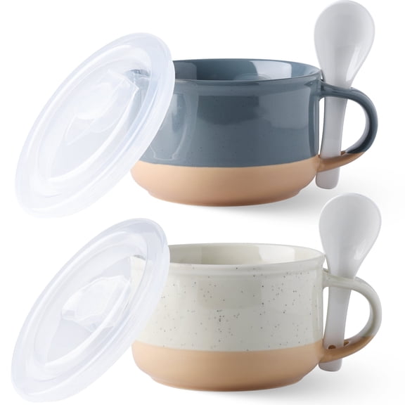 AmorArc Ceramic Soup Mugs with Handles and Lids,24 OZ Soup Cups Set of 2 with Terracotta Underside,Mug Bowls with Spoon for Soup/Cereal/Salad/Noodles/Ramen/Microware &Dishwasher Safe-Grey&Beige