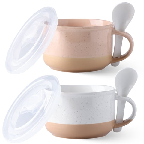 AmorArc Ceramic Soup Mugs with Handles and Lids,24 OZ Soup Cups Set of 2 with Terracotta Underside,Mug Bowls with Spoon for Soup/Cereal/Salad/Noodles/Ramen/Microware &Dishwasher Safe-White &Peach