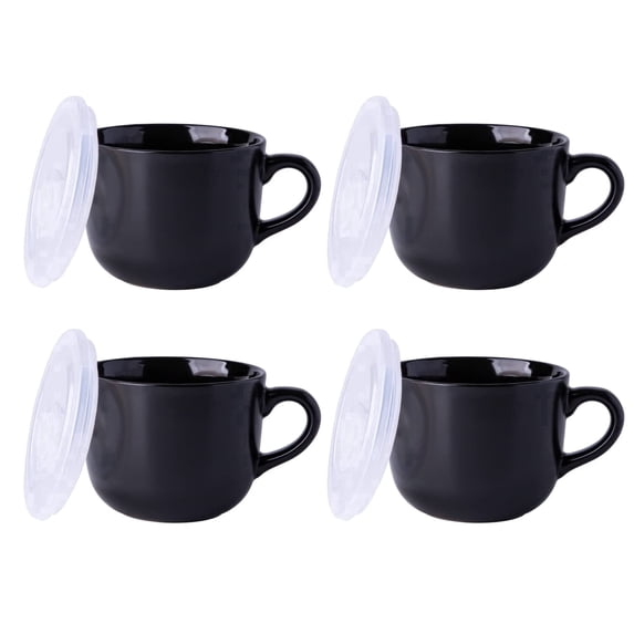 AmorArc Ceramic Soup Mugs with Lid, 24 oz Soup Cups with Hanlde for Coffee,Cereal,Salad,Noodles,Tea,Soup Bowls Cups,Microwave &Dishwasher Safe, Set of 4, Black with Vented lid