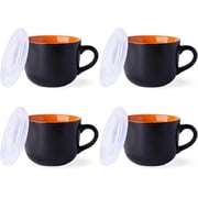 AmorArc Ceramic Soup Mugs with Lid, 24 oz Soup Cups with Hanlde for Coffee,Cereal,Salad,Noodles,Tea,Soup Bowls Cups,Microwave &Dishwasher Safe, Set of 4, Orange with Vented lid