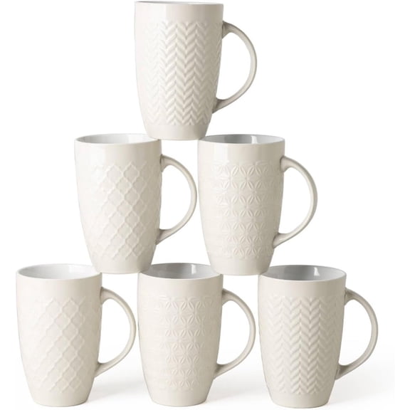 AmorArc Extra Large Coffee Mugs Set of 6, 20oz Ceramic Tall Coffee Mugs Set with Textured Geometric Patterns for Coffee/Tea/Beer/Hot Cocoa, Dishwasher & Microwave Safe,Beige