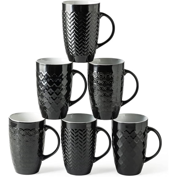 AmorArc Extra Large Coffee Mugs Set of 6, 20oz Ceramic Tall Coffee Mugs Set with Textured Geometric Patterns for Latte/Tea/Beer/Hot Cocoa, Dishwasher & Microwave Safe, Black