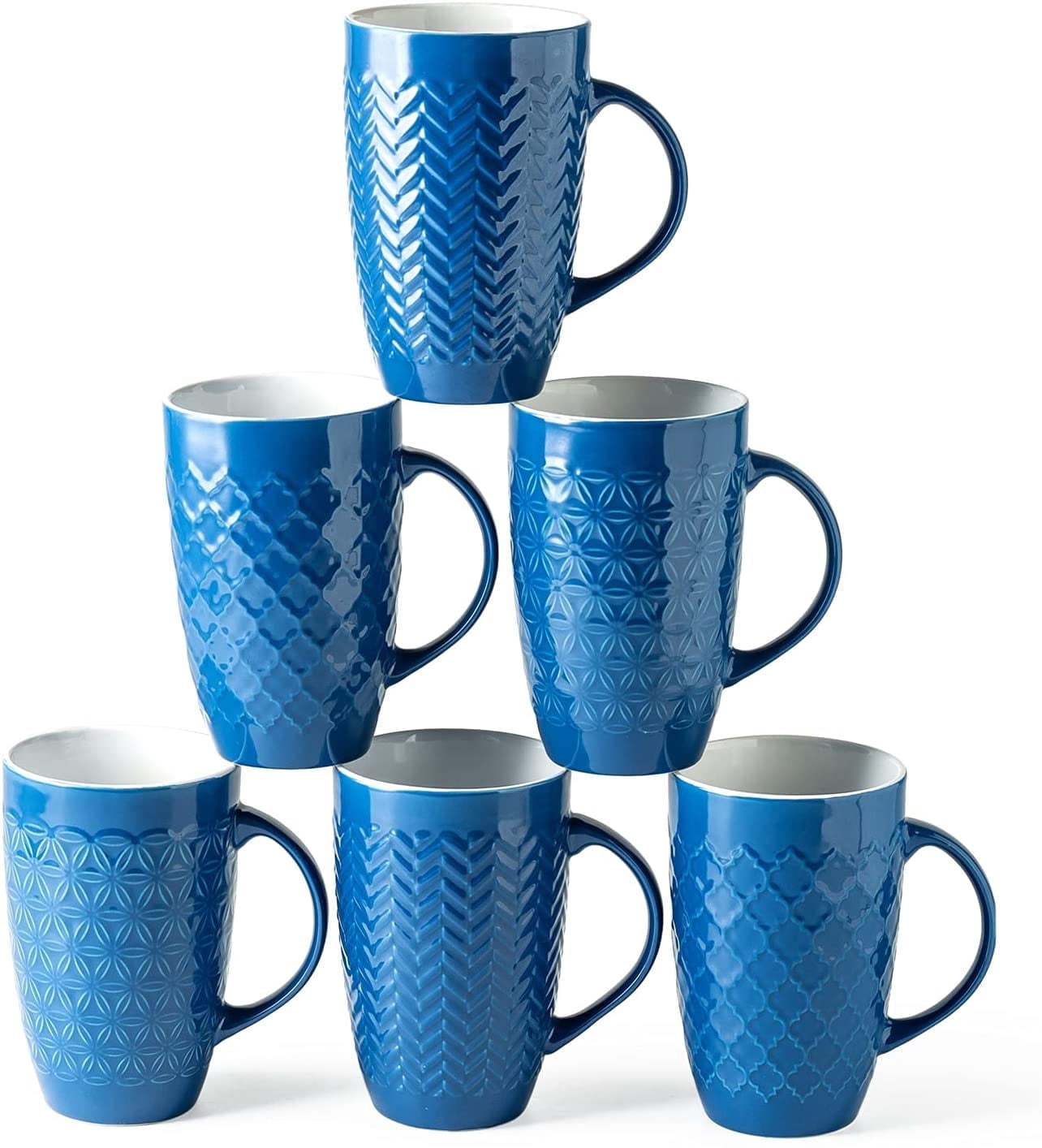 AmorArc Extra Large Coffee Mugs Set of 6, 20oz Ceramic Tall Coffee Mugs Set with Textured Geometric Patterns for Latte/Tea/Beer/Hot Cocoa, Dishwasher & Microwave Safe, Blue