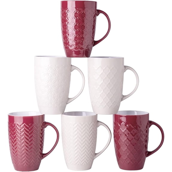 AmorArc Large Coffee Mugs Set of 6, 20oz Ceramic Tall Coffee Mugs Set with Textured Geometric Patterns for Coffee/Tea/Beer/Hot Cocoa, Dishwasher & Microwave Safe, Beige&Burgundy