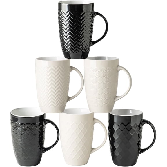 AmorArc Large Coffee Mugs Set of 6, 20oz Ceramic Tall Coffee Mugs Set with Textured Geometric Patterns for Coffee/Tea/Beer/Hot Cocoa, Dishwasher & Microwave Safe, Black&Beige