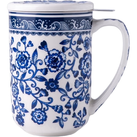 AmorArc Porcelain Tea Mug with Infuser and Lids, 18 Oz Cup Strainer Bag Holder for Loose Leaf Tea, Steeping Coffee Well-wrapped Box House-warming Wedding Birthday Gift, WhiteBlue