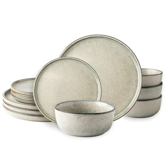 AmorArc Stoneware Dinnerware Sets,Round Reactive Glaze Plates and Bowls Set,Highly Chip and Crack Resistant | Dishwasher & Microwave Safe,Service for 4 (12pc)