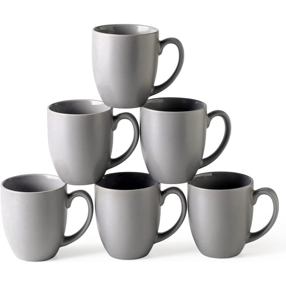 AmorArc 16oz Coffee Mugs Set of 6, Large Ceramic Coffee Cups with large Handle for Men Women,16oz Coffee Mugs for Coffee,Tea,Latte,Cocoa. Easy to Hold&Clean, Dishwasher&Microwave Safe, Matte Grey