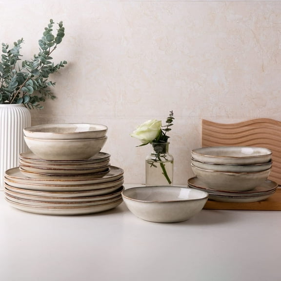AmorArc Ceramic Dinnerware Sets,Handmade Reactive Glaze Stoneware Plates and Bowls Sets,Highly Chip and Crack Resistant | Dishwasher & Microwave Safe Dishes Set,Service for 8 Set(24pc),Cappuccino