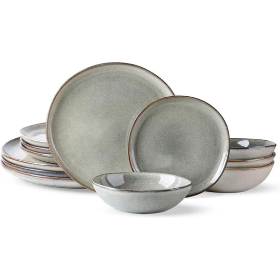 AmorArc Ceramic Dinnerware Sets,Handmade Reactive Glaze Stoneware Plates and Bowls Sets,Highly Chip and Crack Resistant | Dishwasher & Microwave Safe Dishes Set,Service for 4 Set(12pc),Reactive Glaze