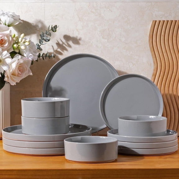 AmorArc Ceramic Dinnerware Set for 4 | Speckled Stoneware Plates and Bowls with unglazed terracotta | Scratch Resistant, Dishwasher & Microwave Safe ,Service for 4 Dishes Set(12pcs),Gray