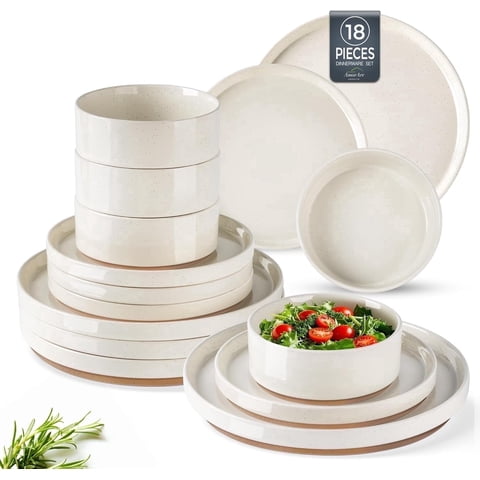 AmorArc Ceramic Dinnerware Set for 6 | Speckled Stoneware Plates and Bowls with unglazed terracotta | Scratch Resistant, Dishwasher & Microwave Safe ,Service for 6 Dishes Set(18pcs),Beige