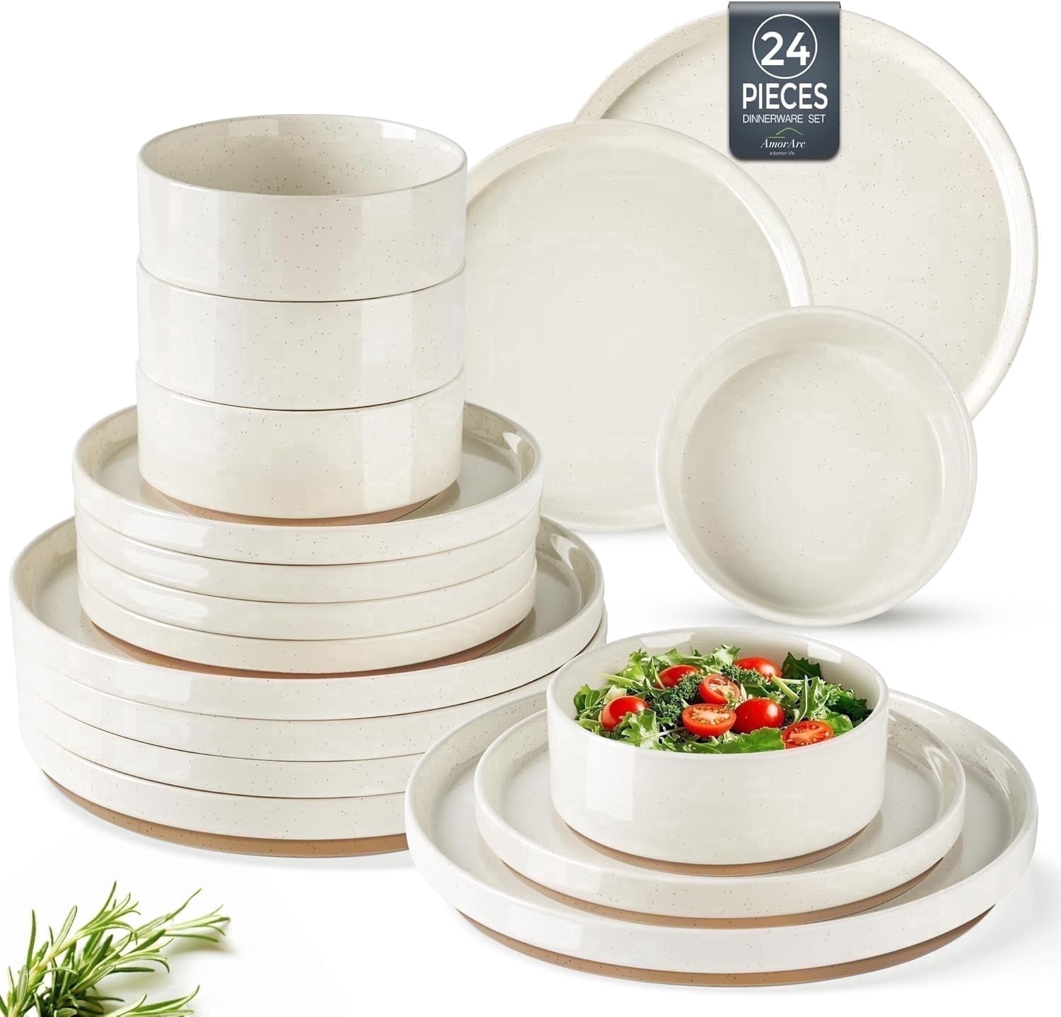 AmorArc Ceramic Dinnerware Set for 8 | Speckled Stoneware Plates and Bowls with unglazed terracotta | Scratch Resistant, Dishwasher & Microwave Safe ,Service for 8 Dishes Set(24pcs),Beige