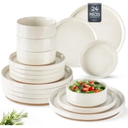 AmorArc Ceramic Dinnerware Set for 8 | Speckled Stoneware Plates and Bowls with unglazed terracotta | Scratch Resistant, Dishwasher & Microwave Safe ,Service for 8 Dishes Set24pcs,Beige