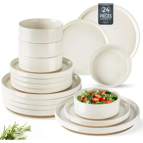 AmorArc Ceramic Dinnerware Set for 8 | Speckled Stoneware Plates and Bowls with unglazed terracotta | Scratch Resistant, Dishwasher & Microwave Safe ,Service for 8 Dishes Set(24pcs),Beige