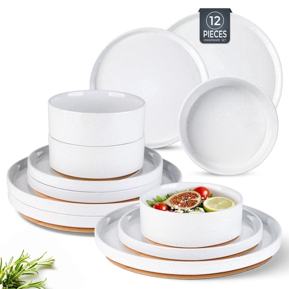 AmorArc Ceramic Dinnerware Set for 4 | Speckled Stoneware Plates and Bowls with unglazed terracotta | Scratch Resistant, Dishwasher & Microwave Safe ,Service for 4 Dishes Set(12pcs),White