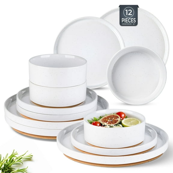 AmorArc Ceramic Dinnerware Set for 4 | Speckled Stoneware Plates and Bowls with unglazed terracotta | Scratch Resistant, Dishwasher & Microwave Safe ,Service for 4 Dishes Set(12pcs),White