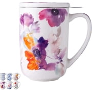 AmorArc Porcelain Tea Mug with Infuser and Lids, 18 Oz Cup Strainer Bag Holder for Loose Leaf Tea, Steeping Coffee Well-wrapped Box House-warming Wedding Birthday Gift, Anemone