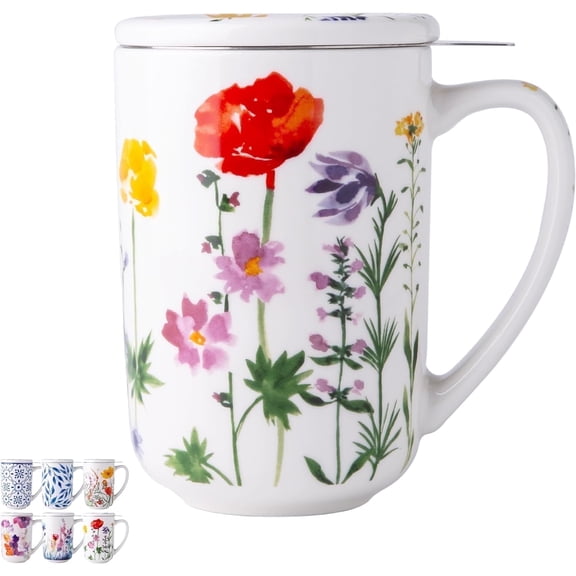 AmorArc Porcelain Tea Mug with Infuser and Lids, 18 Oz Cup Strainer Bag Holder for Loose Leaf Tea, Steeping Coffee Well-wrapped Box House-warming Wedding Birthday Gift, Wild Flowers