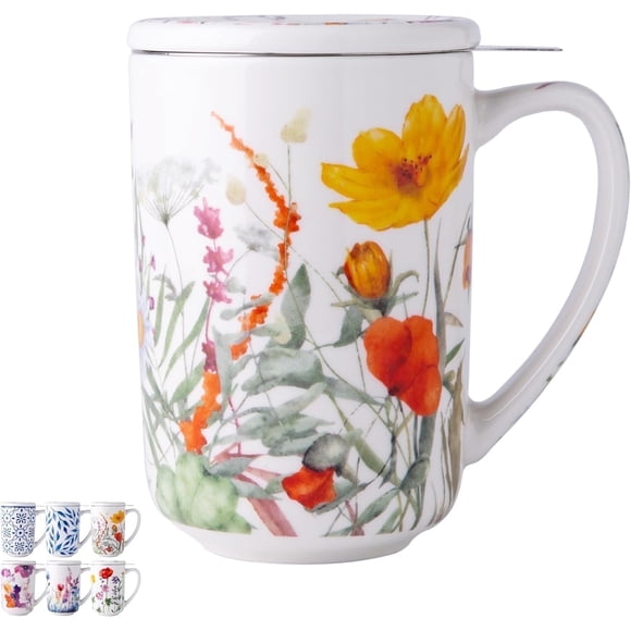AmorArc Porcelain Tea Mug with Infuser and Lids, 18 Oz Cup Strainer Bag Holder for Loose Leaf Tea, Steeping Coffee Well-wrapped Box House-warming Wedding Birthday Gift, Tulips
