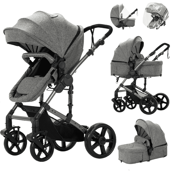 AmorEterno 2-in-1 Baby Stroller,Travel Pushchair, High-View Infant Carriage with with Cup Holder, Mosquito Net for 0-36 Months,Unisex,GRAY